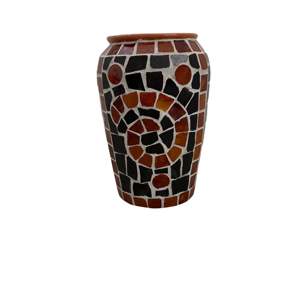 Handmade Mosaic Tile Vase Terracotta Geometric Spiral Earth Tones Boho Decor 9"